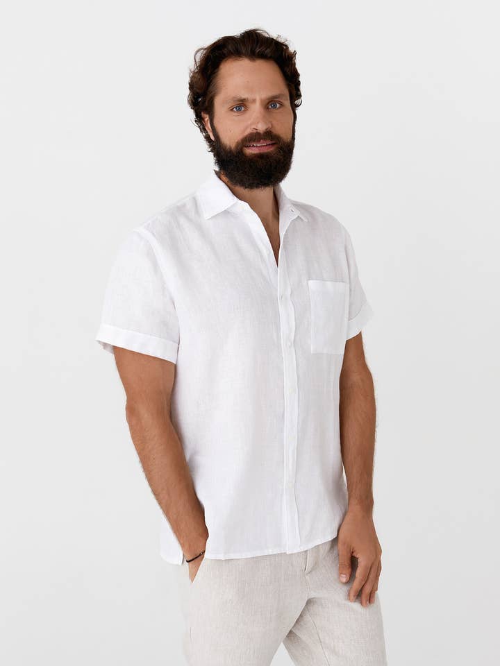 Men's short sleeves linen shirt VERBIER in White for wholesale by MagicLinen (We handle U.S. import procedures for you)