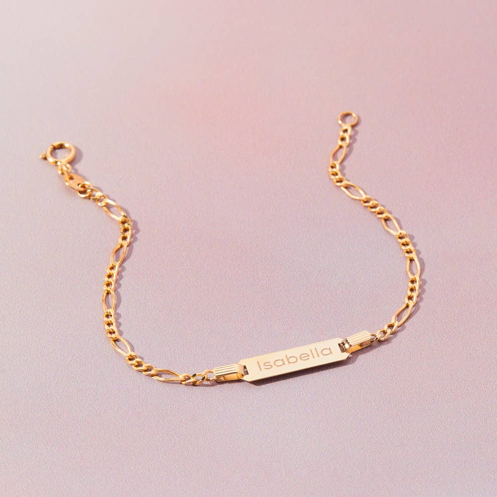 In Season Jewelry - Wholesale Link & Chain Bracelet - 14k Gold 5.5" Engravable ID Figaro Children's Bracelet3