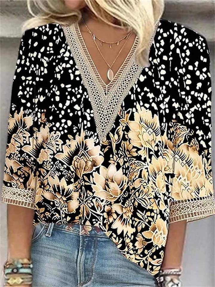 Flarix - Wholesale Blouse - Women's - dot lace trims print sleeve casual basic v neck