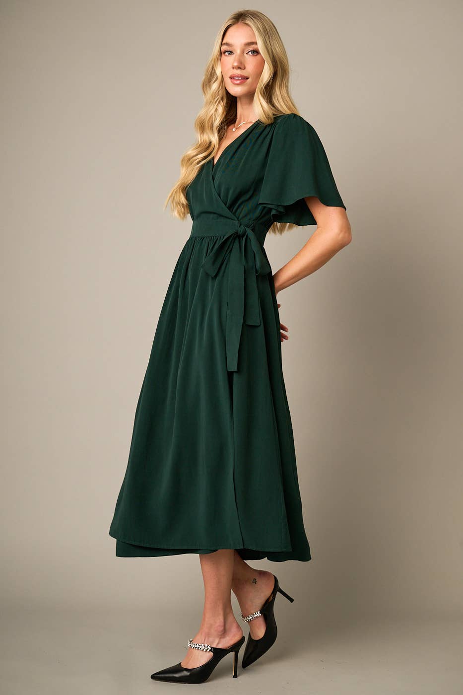 mittoshop - Wholesale Dress - Women's - FLUTTER SLEEVE WAIST TIE WRAP MIDI DRESS15