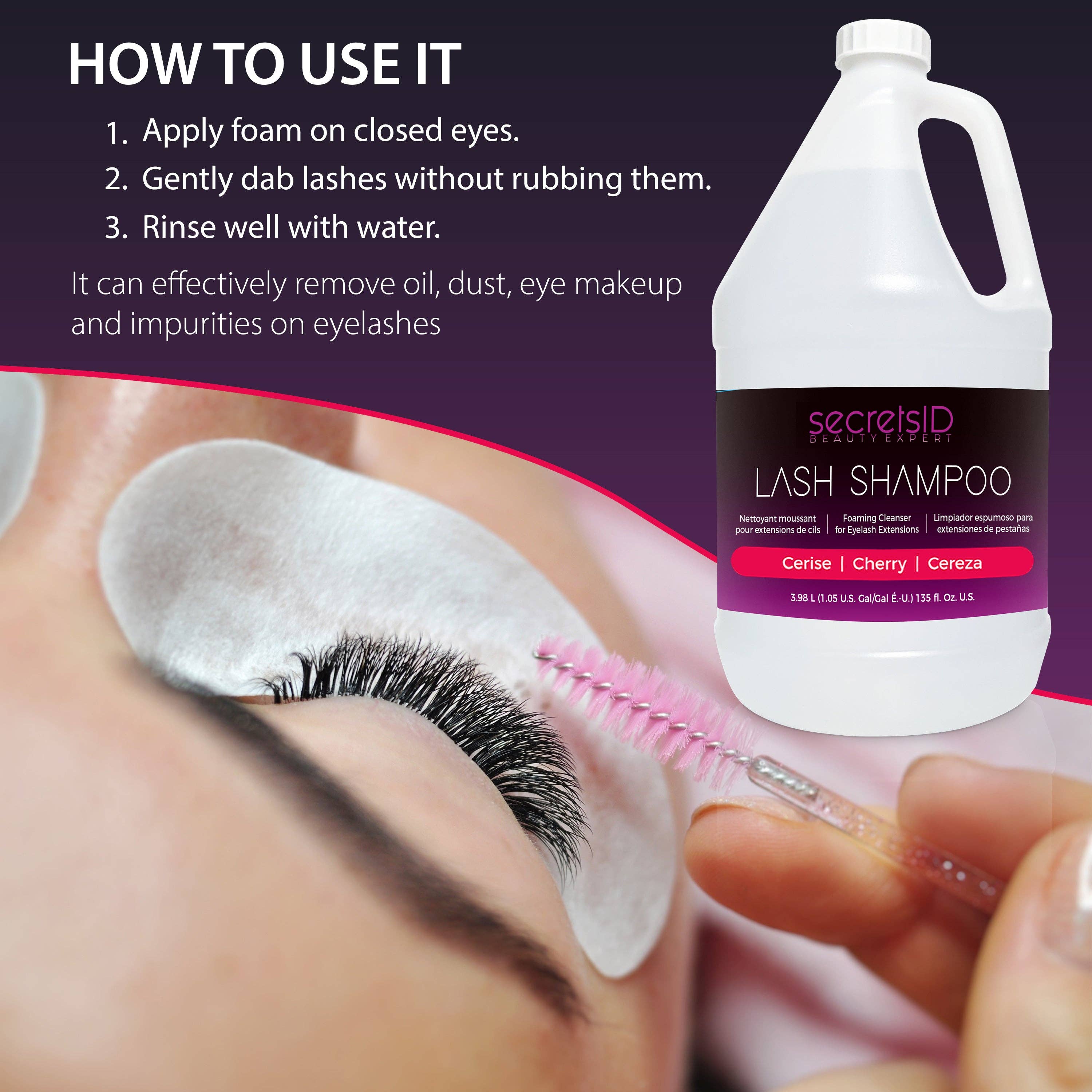 SecretsID - Wholesale Eyelash/Brow Serum - Foaming Lash Shampoo Bulk 1 Gallon Size - Cherry Scent7