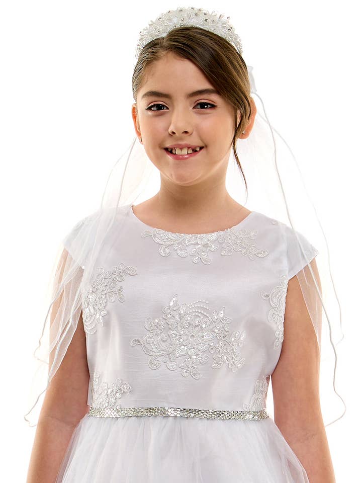 Kids Satin Pearl Tiara with Double Layer Veil for wholesale by Petite Adele