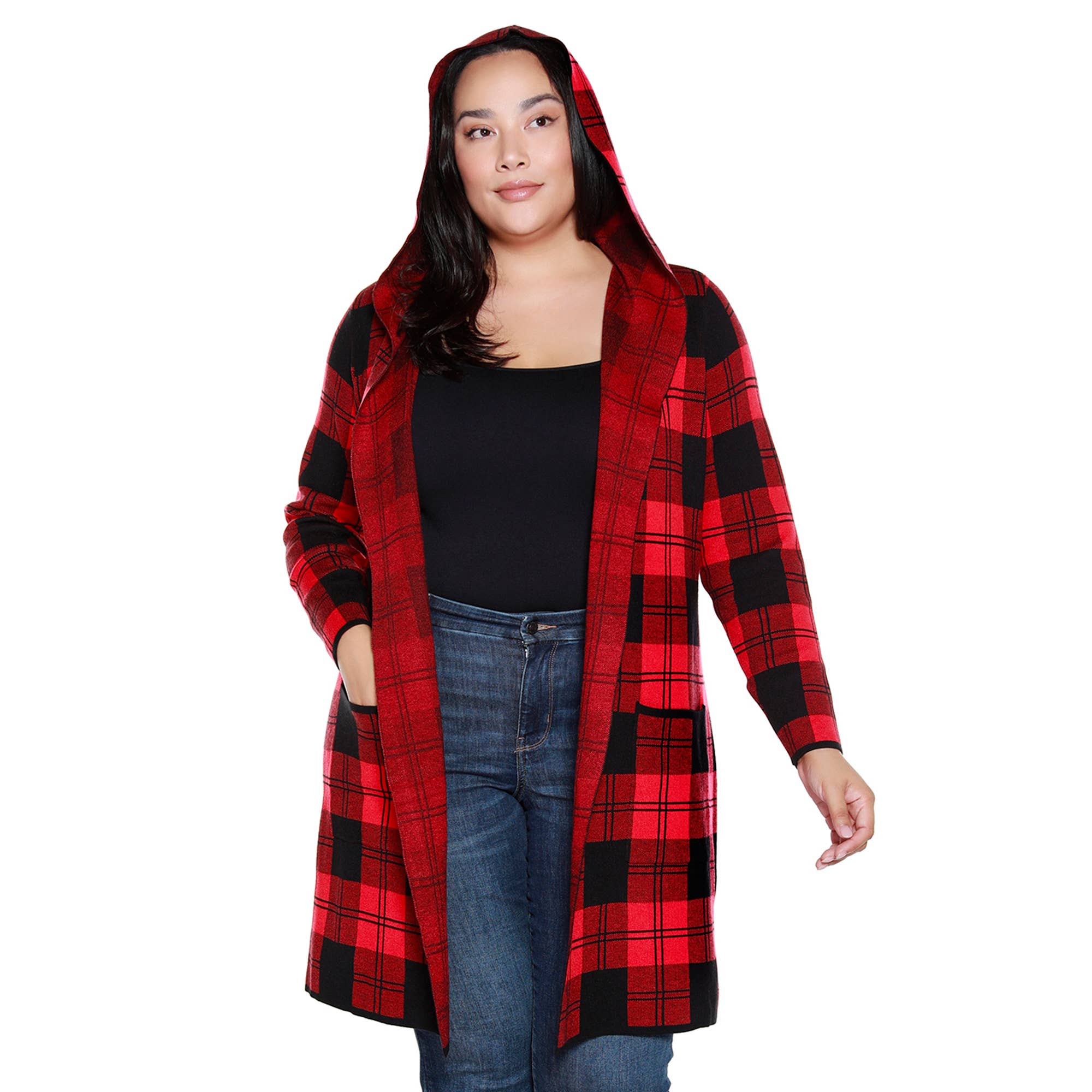 Belldini - Wholesale Cardigan - Women's - Plus Size Hooded Checkered Plaid Coatigan Sweater1