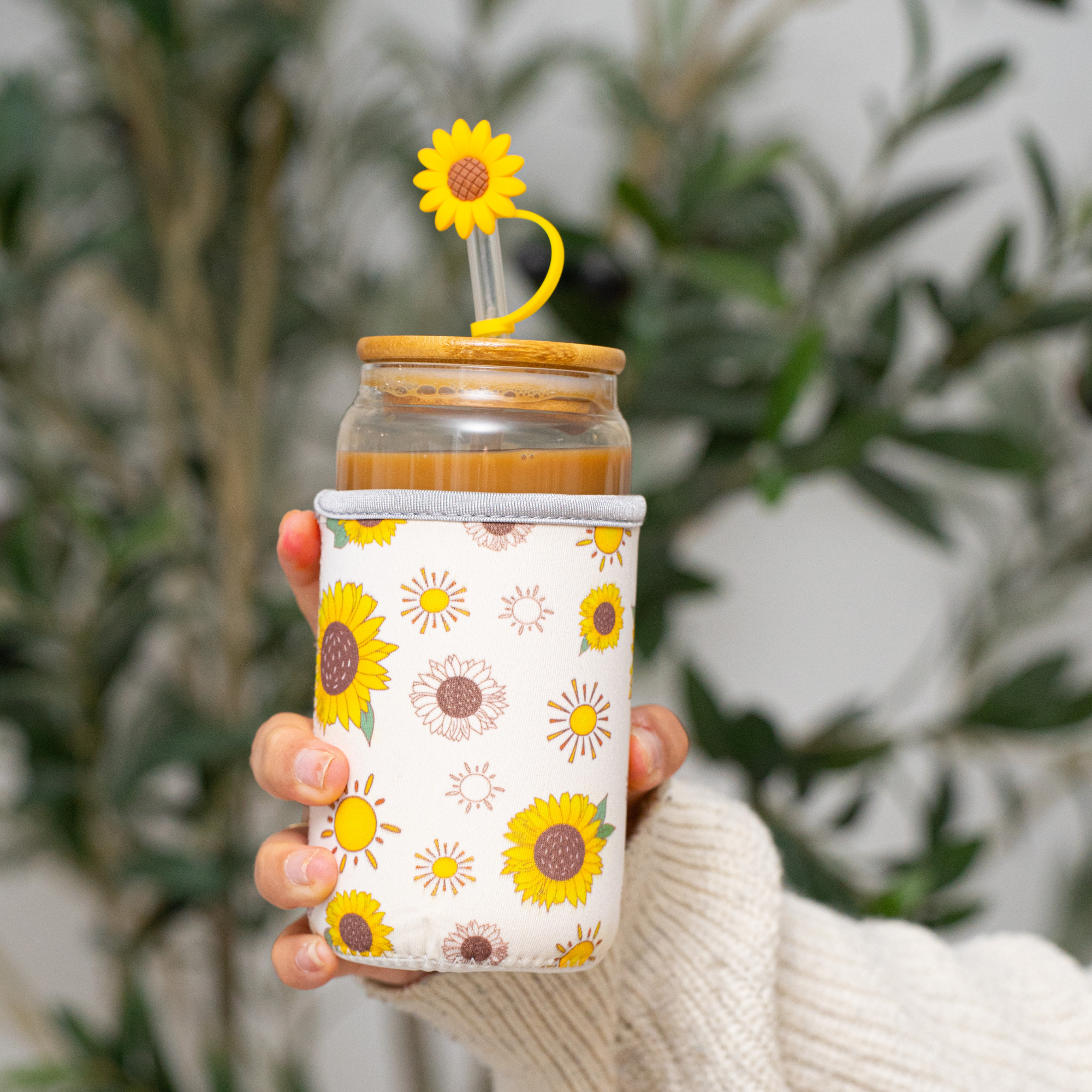 The Love Crate Co. - Wholesale Drinking Glass/Cup - Sunflower Gifts for Women - Glass Tumbler with Lid and Straw, Customized Straw Stopper and Koozie Holder. Aesthetic Unique Design Iced Coffee Gift Cup for Mom, Teacher, Friend4
