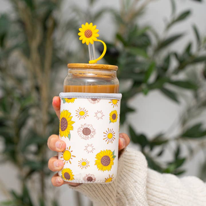 The Love Crate Co. - Wholesale Drinking Glass/Cup - Sunflower Gifts for Women - Glass Tumbler with Lid and Straw, Customized Straw Stopper and Koozie Holder. Aesthetic Unique Design Iced Coffee Gift Cup for Mom, Teacher, Friend4