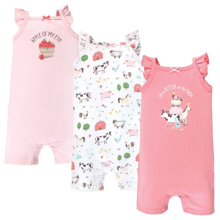 Hudson Baby Cotton Rompers, Girl Farm Animals for wholesale by BabyVision