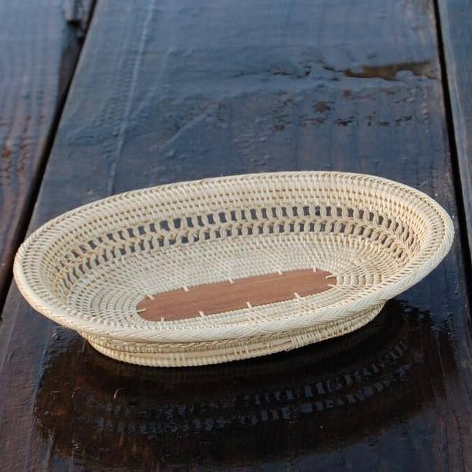 Handmade Oval Rattan Tray W/ Palm Leaf Center - Mini for wholesale by Baskets of Cambodia