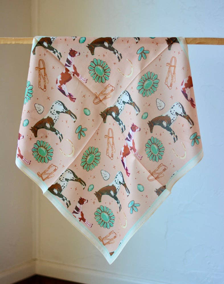 Tirzah Lane Art - Wholesale Scarf - Women's - Western Silk Wild Rag Horses and Turquoise Peach Scarf2