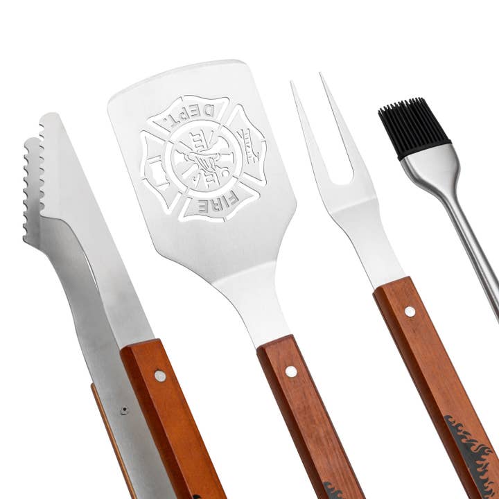 The Wine Savant / Khen Glassware - Wholesale Outdoor Grill Tools - Firefighter Gift BBQ Grilling Set, 4 Piece Stainless Steel1