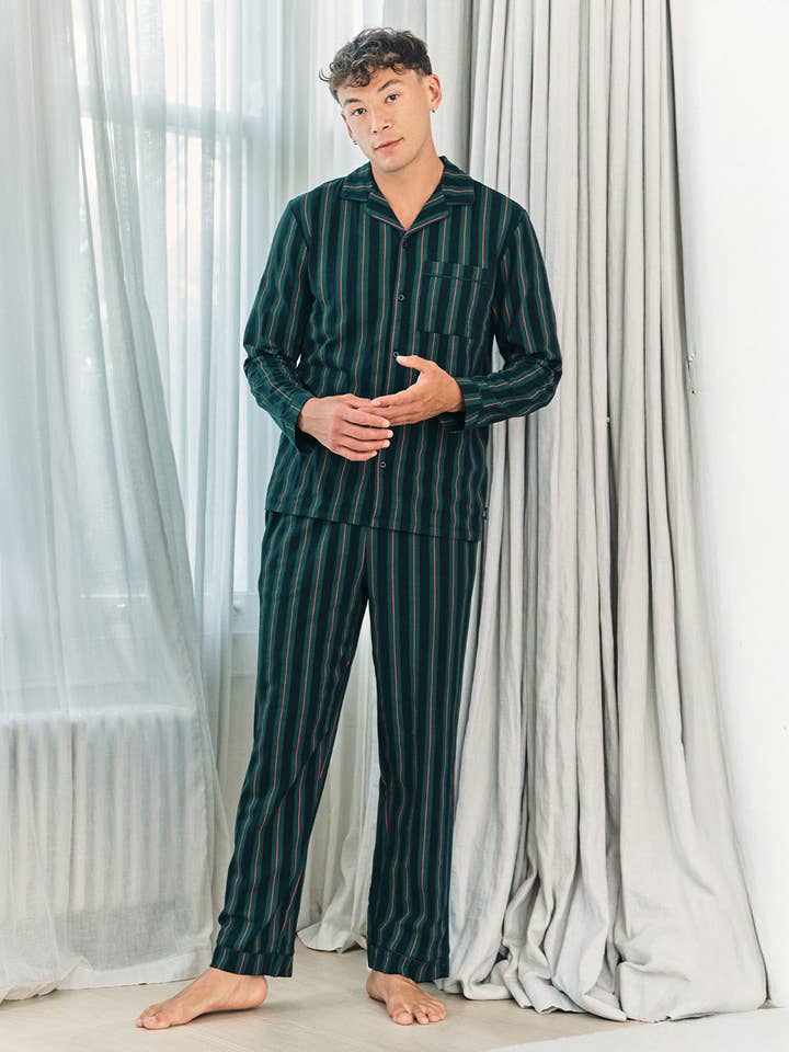 Organic Cotton Stripe Button Up Long Pyjama Set - Navy for wholesale by Chelsea Peers