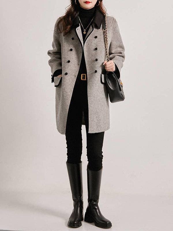 GRAY Long Sleeves Loose Buttoned Pockets Split-Joint Lapel Woolen Coat for wholesale on Faire2