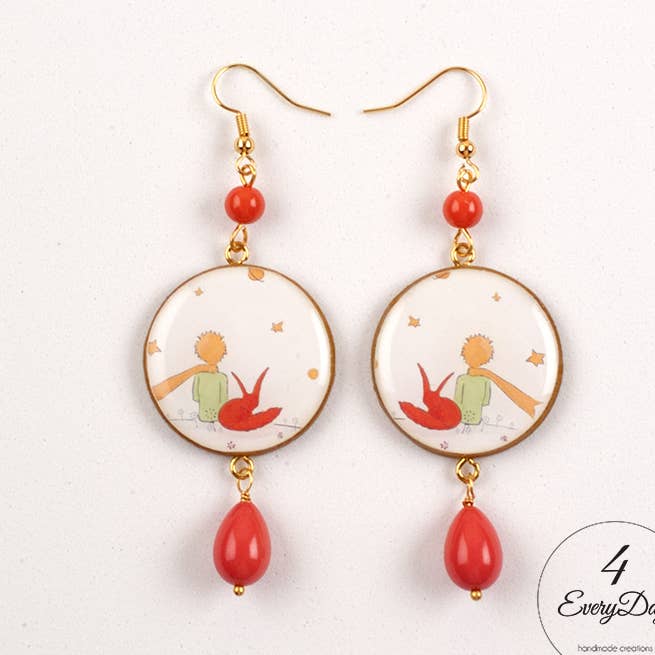 Wood and resin earrings Little Prince orange for wholesale by 4everyday Handmade