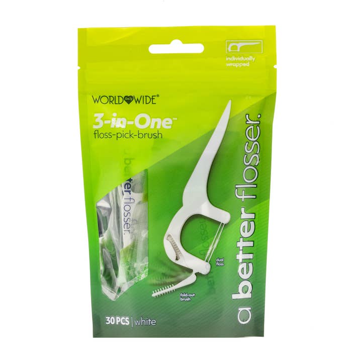 A Better Dental – wholesale Floss – A Better 3 in 1 Floss Pick Brush 30pc White