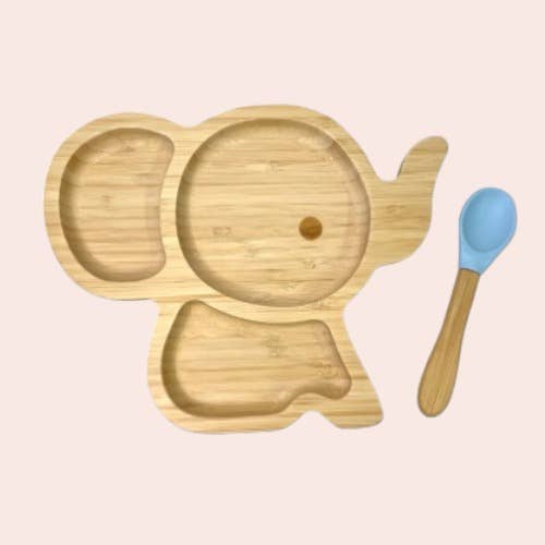 Set repas bébé Eléphant bambou/silicone bleu ciel (Ass+cuil) pour la vente par cap bambou