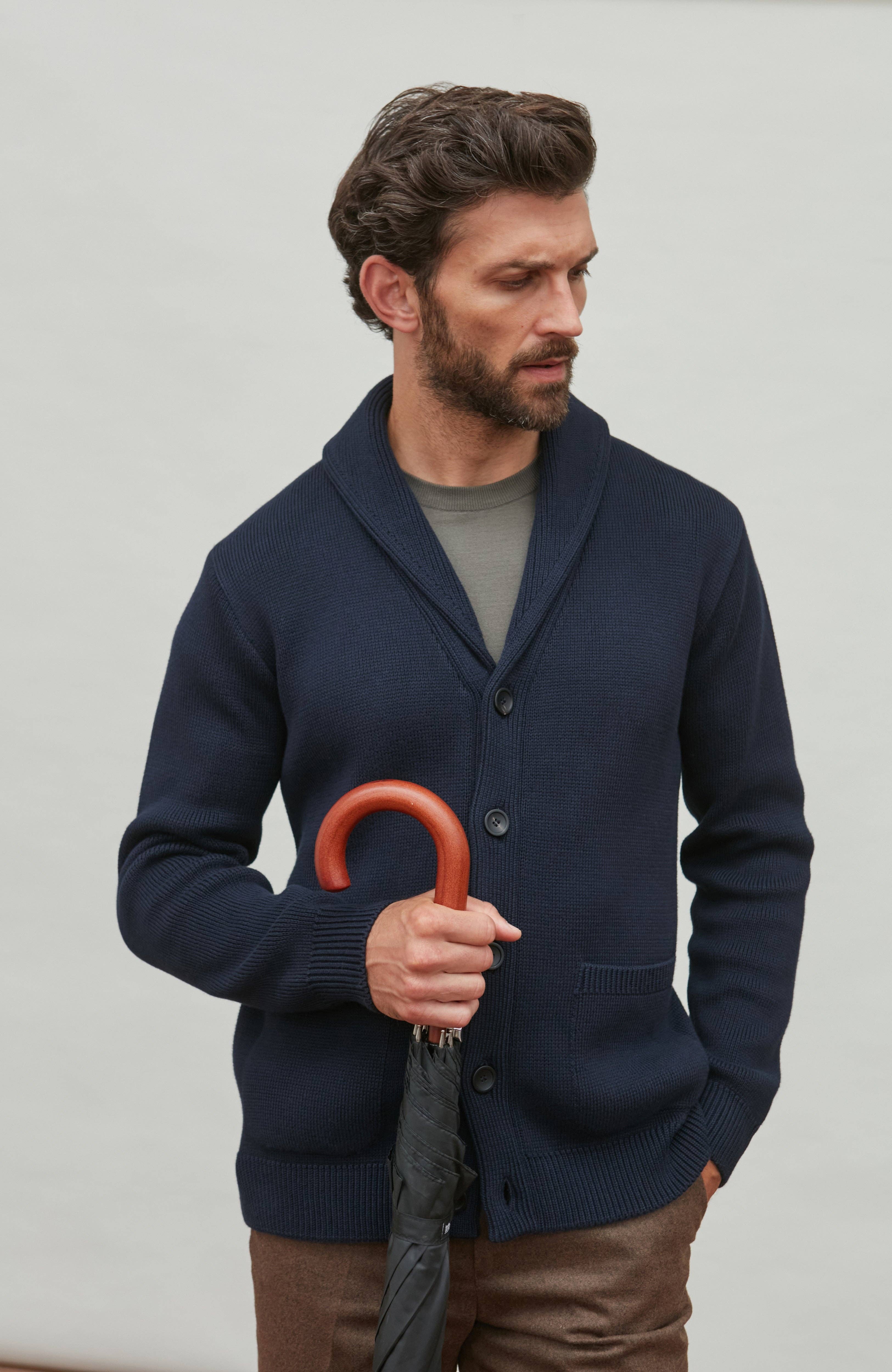 Paul James Knitwear – wholesale Kofta - Herr – Mens Midweight 100% Bomull Sjal Krage Cardigan3