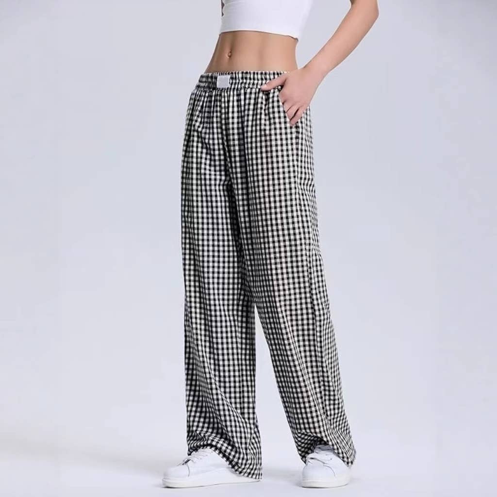 HIDDENBRAND - Wholesale Pants - Women's - Plaid Print Slacks Wide-Leg Lounge Pants0
