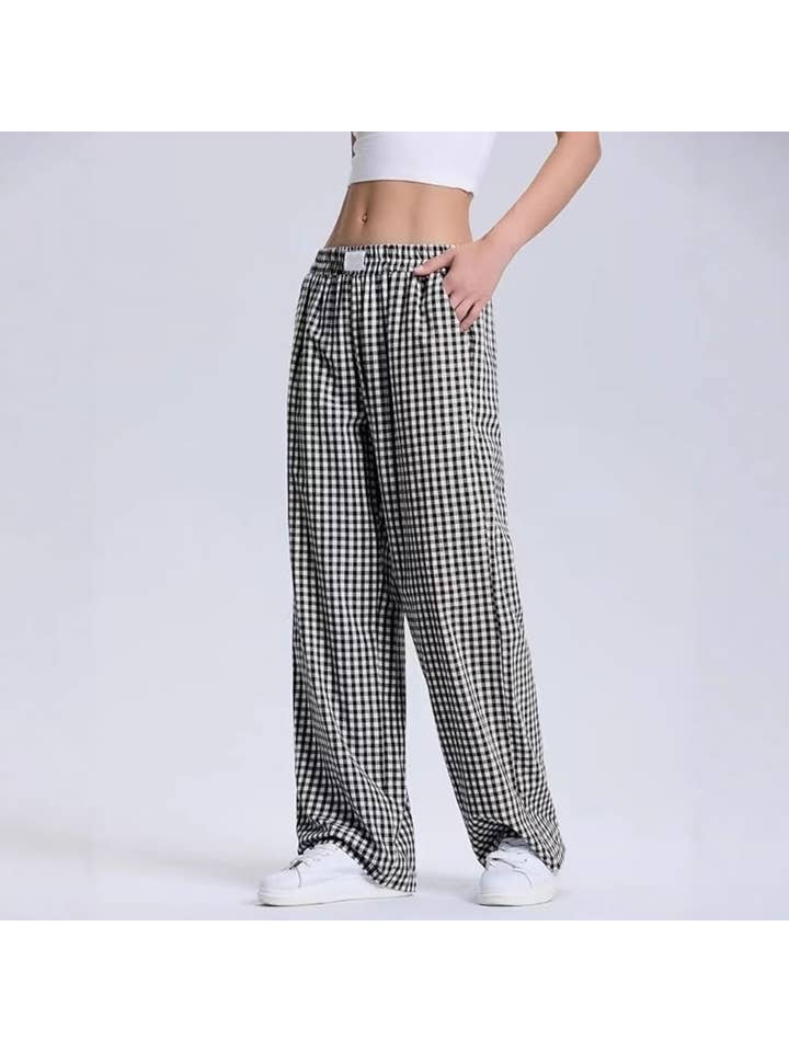 HIDDENBRAND - Wholesale Pants - Women's - Plaid Print Slacks Wide-Leg Lounge Pants