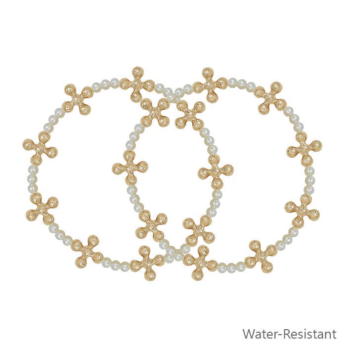 What's Hot - Wholesale Jewelry Set - Water Resistant Gold Beaded and Pearl Cross Shape Set of 2 Stretch Bracelets