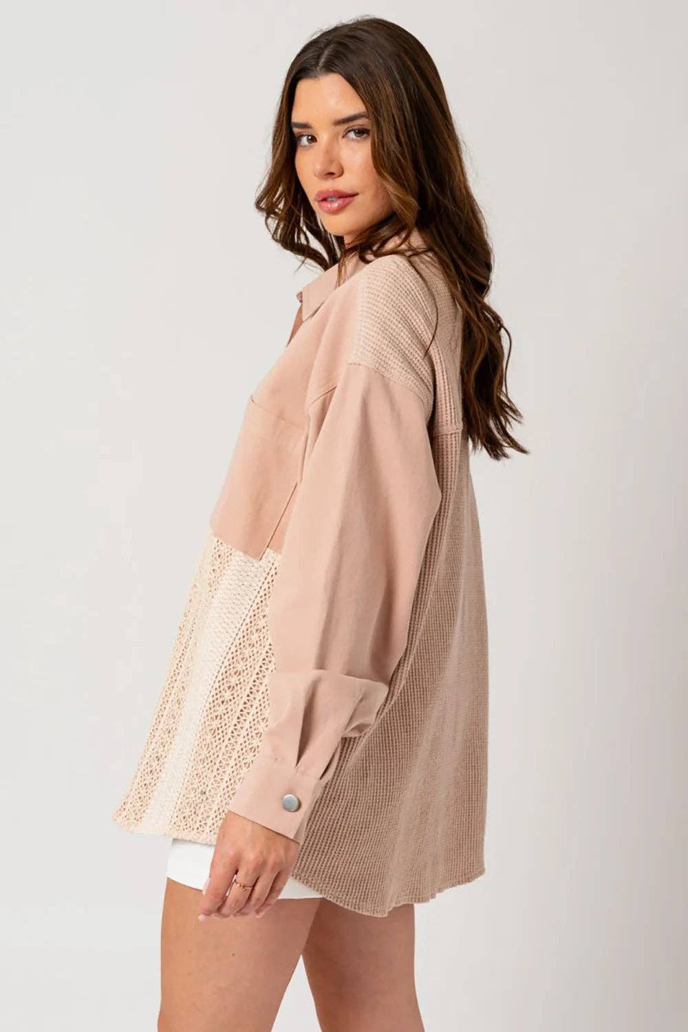 Dusty Blush Mixed Media Button Down Waffle Knit Shacket for wholesale on Faire4