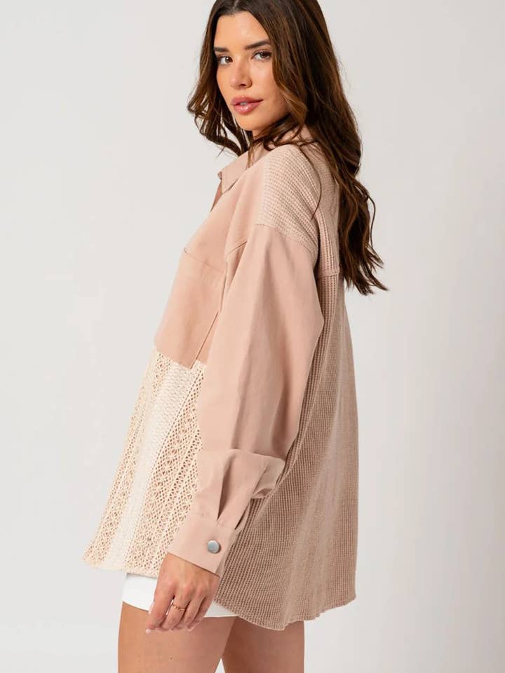 Dusty Blush Mixed Media Button Down Waffle Knit Shacket for wholesale on Faire4