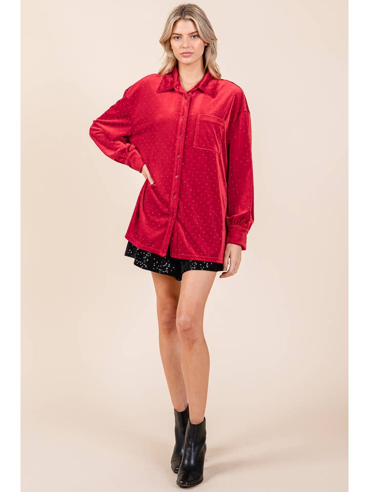Red Mini Rhinestone Velvet Blouse, MT50776 for wholesale on Faire