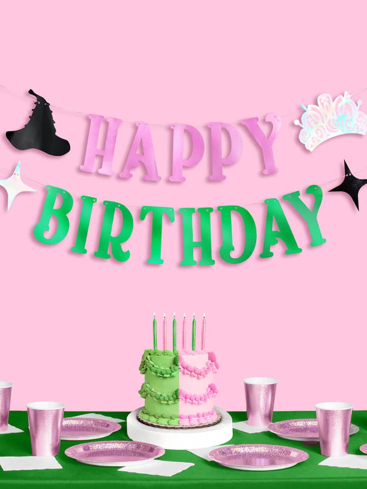 Birthday Witch Banner | Pink Green Foil Happy Birthday for wholesale by xo, Fetti