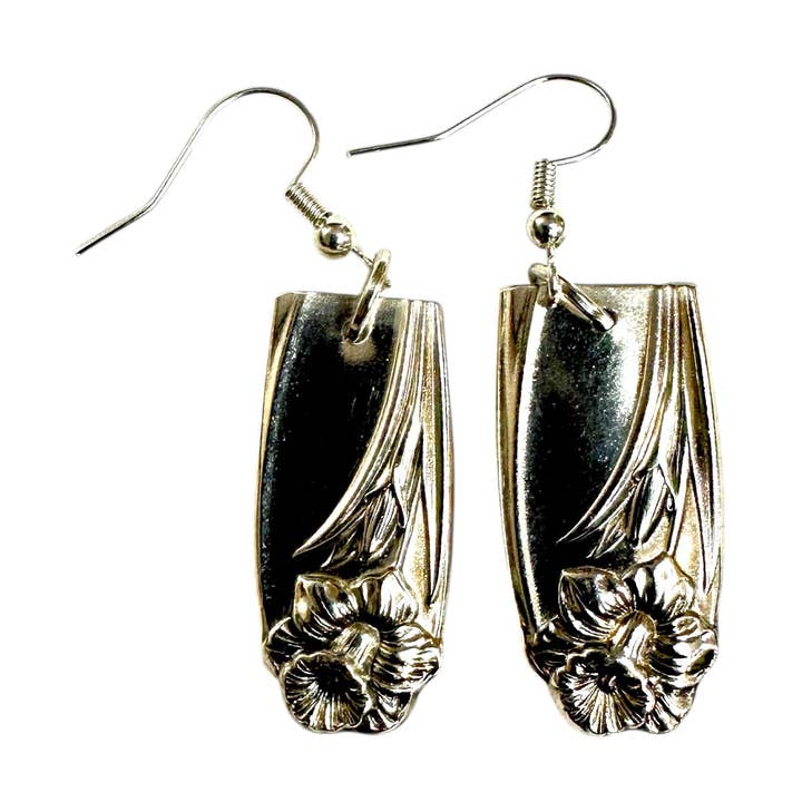 Vintage Daffodil Silverware Earrings. Floral Dangle Earrings for wholesale by Handpicked By Lori