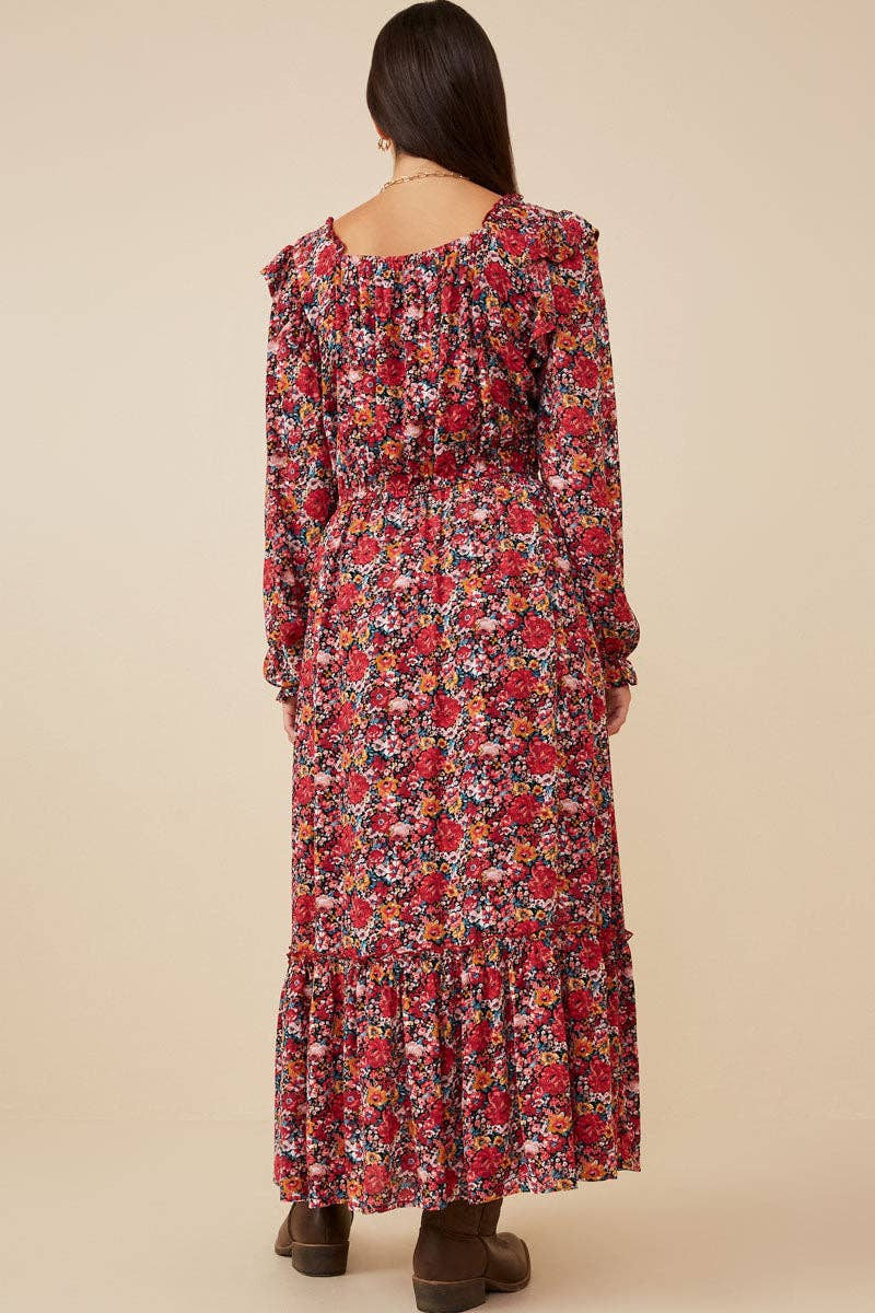 Cherry Womens Floral Print Ruffled Square Neck Midi Dress for wholesale on Faire4