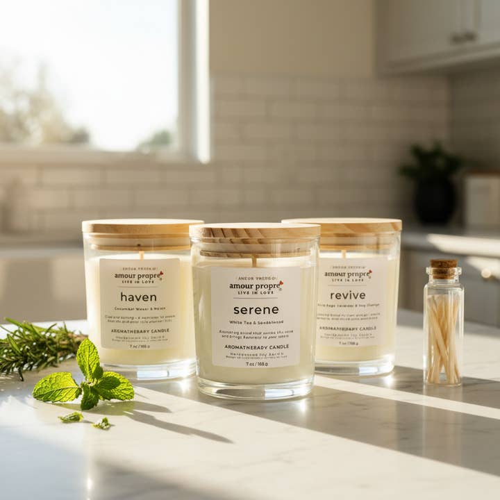 Colección de Aromaterapia Amour Propre Trio - Velas de Soja Serene, Haven, Revive para venta al por mayor de Amour Propre