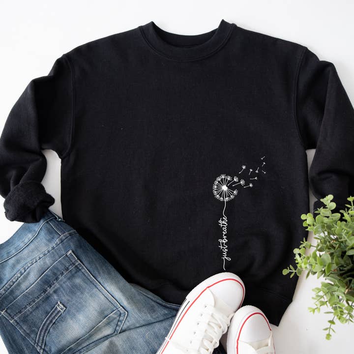 Just Breathe Dandelion Sweatshirt for wholesale by MidWest Tees