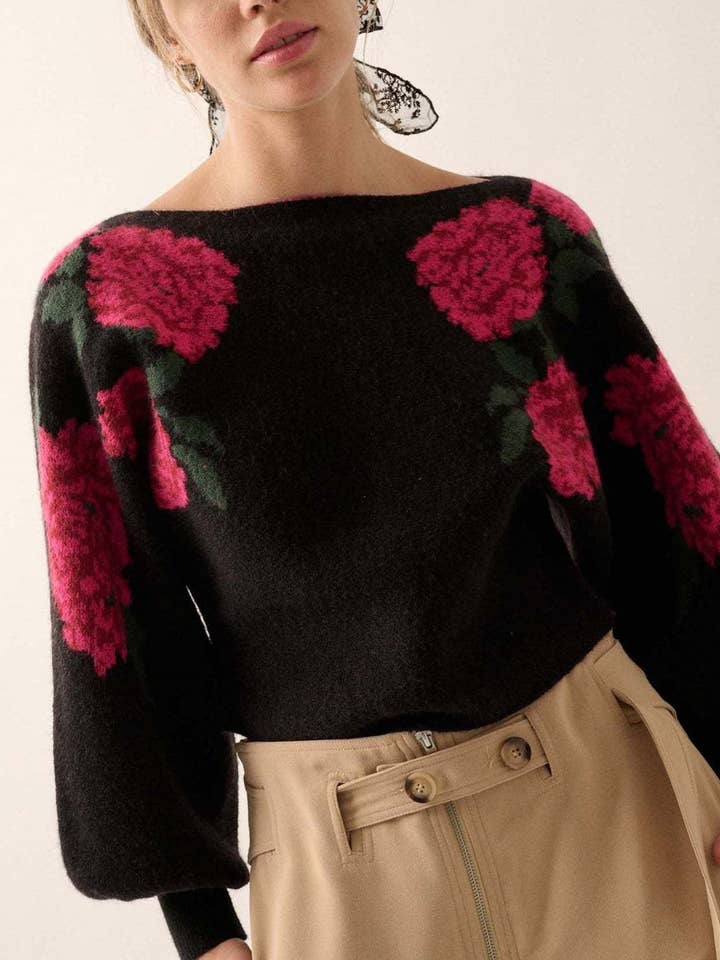 Rosa Clothing - Wholesale Knit Sweater - Women's - Blooms Floral Boat Neck Knit Sweater