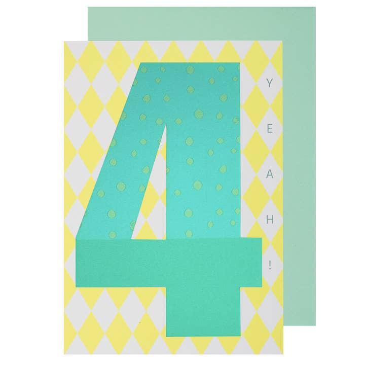 Birthday card 4 - neon yellow on recycled cardboard for wholesale by Fabfabstickers