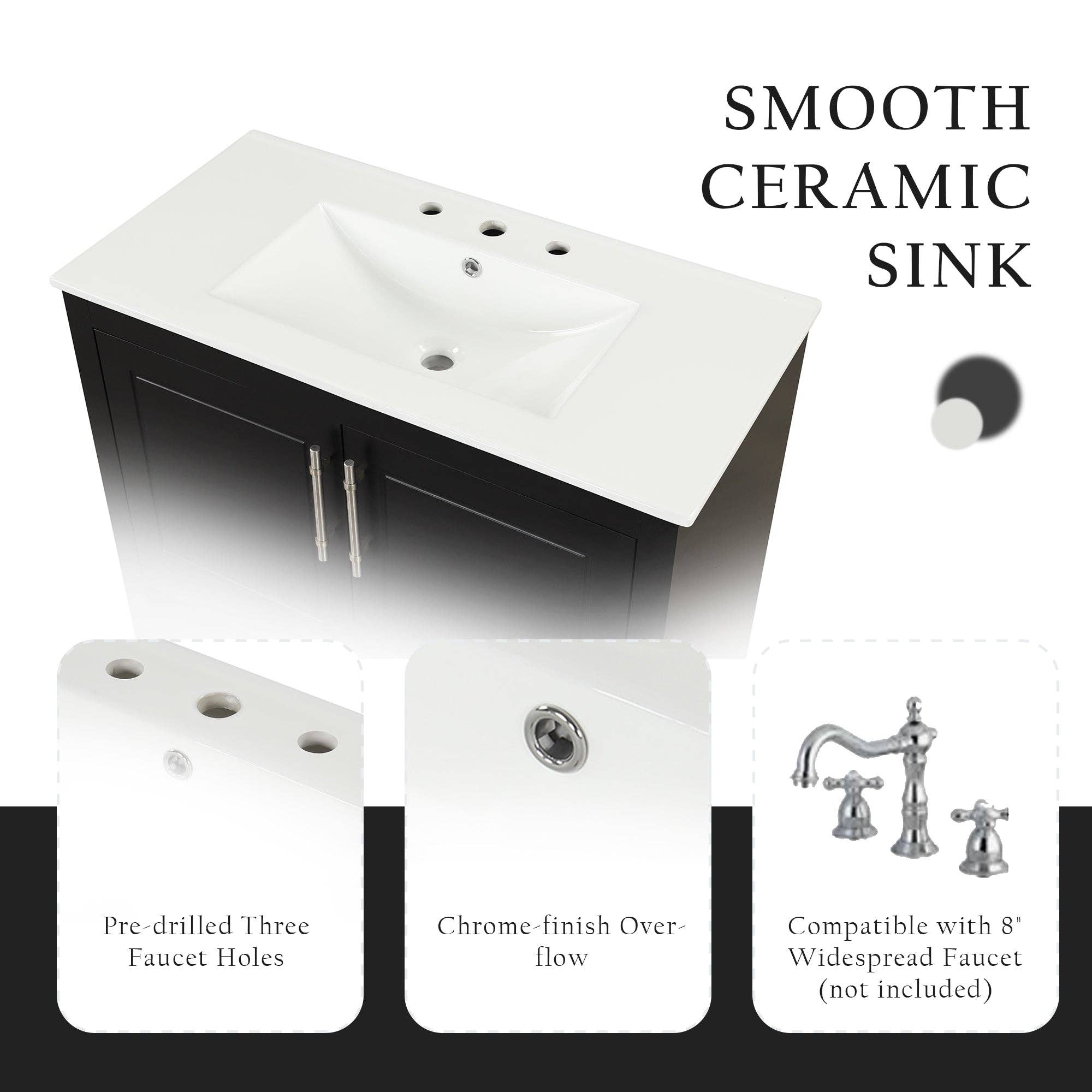 Orange County Decor - Wholesale Cabinet - 36" Bathroom Vanity With Sink, Multi Functional Bathroom Cabinet With Doors And Drawers, Mdf Frame And Mdf Board, Black Black Solid Wood Mdf12