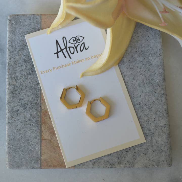 Alora Boutique Inc. - Wholesale Huggie Earrings - Kelly | Simple Hexagon Huggie Hoop Earrings