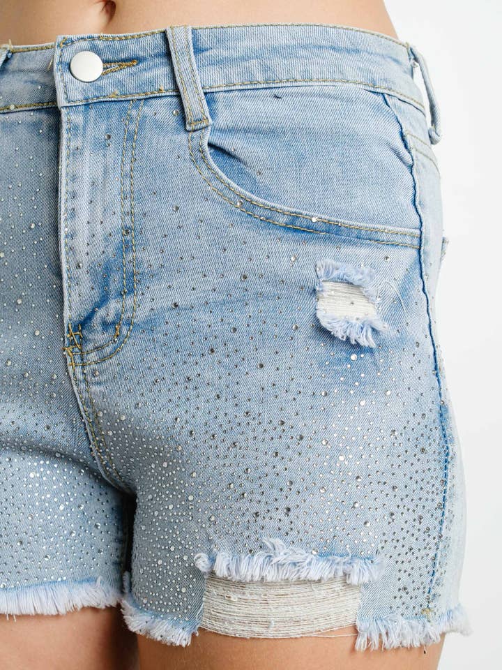 KIWI - Wholesale Shorts - Women's - IP2742 Rhinestone Embellished Stretch Denim Shorts