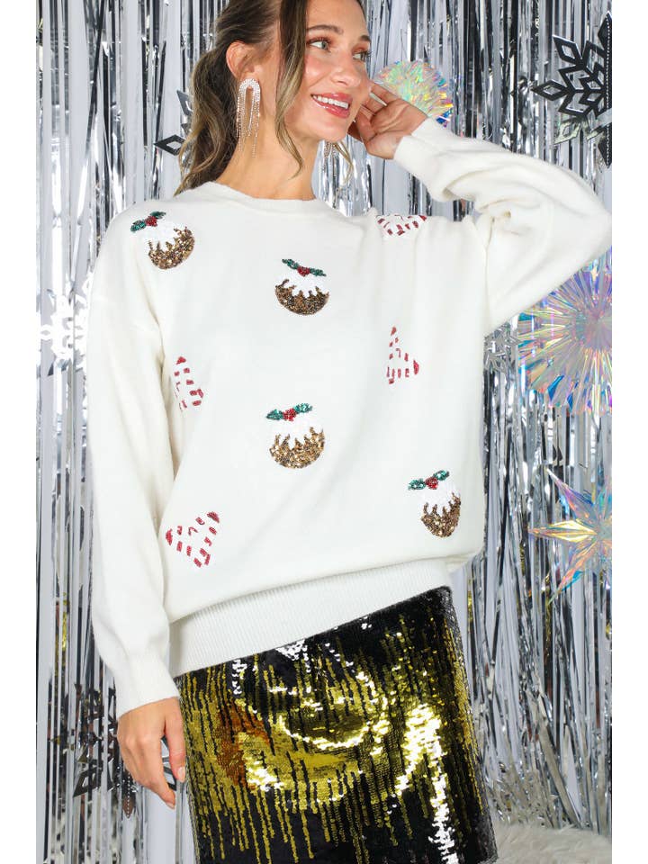 Vine & Love - Wholesale Sweatshirt - Women's - Sparkling Candy Cane Ornament Sequin Sweater VT8267115
