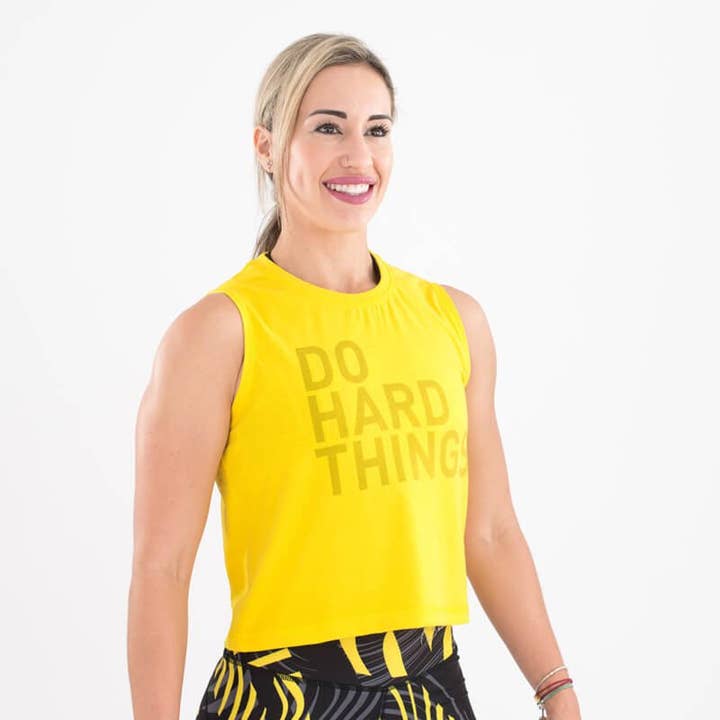 Ecoactive Crop Sleeveless T-shirt (Do Hard Things Yellow) for wholesale by Titan Box Wear