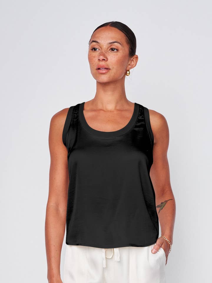 Cosmo Satin Sleeveless Top in Black for wholesale by Stateside