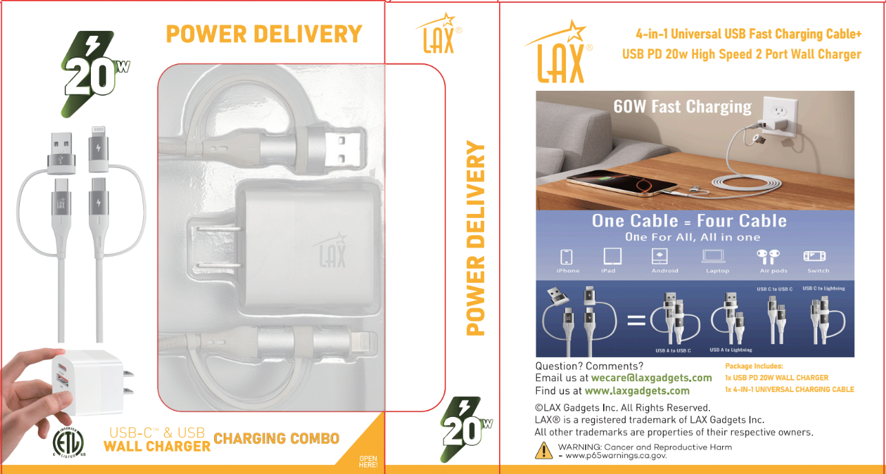 LAX Gadgets - Wholesale Portable Charger - USB PD 20W Wall Charger + 6ft 4-in-1 Linear Cable- Retail5