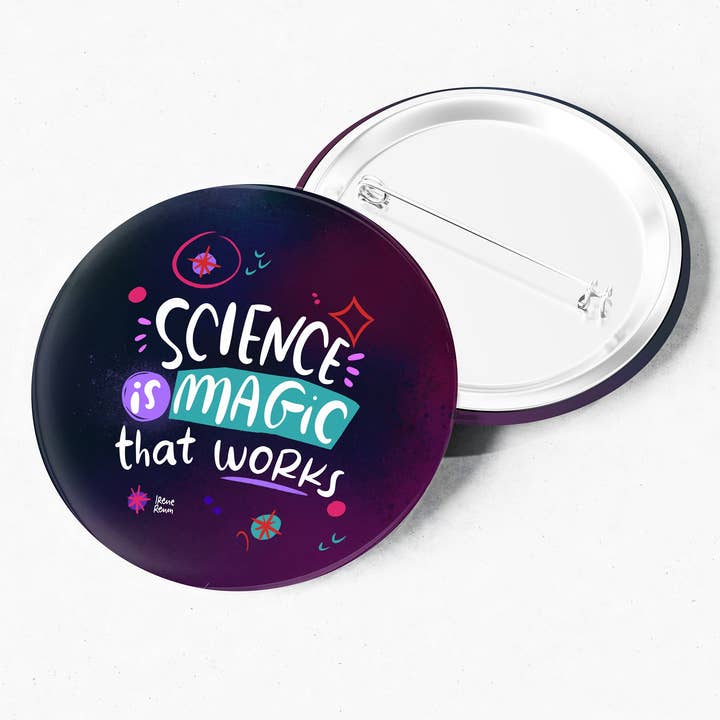 Alfiler y postal “Science Is Magic That Works” para mujeres en STEM para venta al por mayor de Irene Renon illustrations