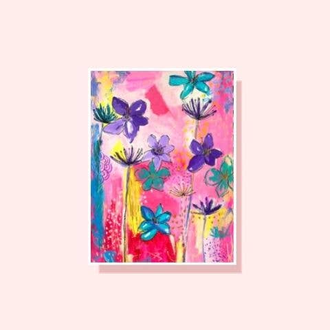 Abstracte bloemen elke dag roze wenskaart voor wholesale door Najma Merchant Art