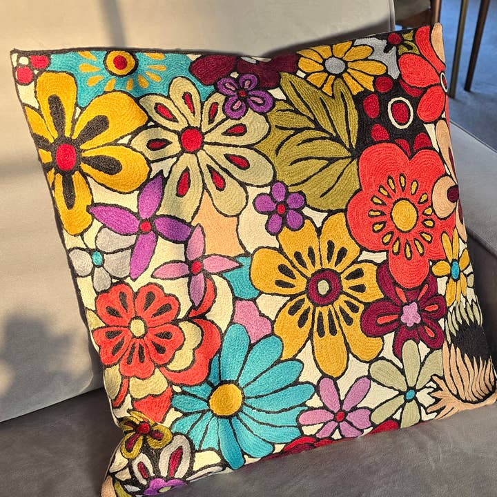 Hand embroidered cushion cover - 60's colourful flowers for wholesale by thread and bloom