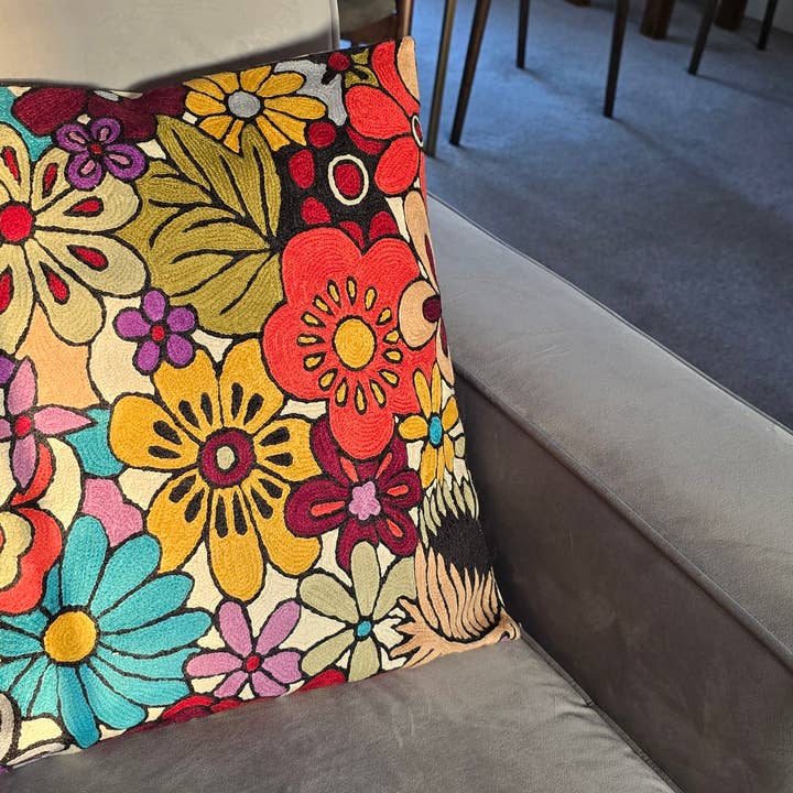 Hand embroidered cushion cover - 60's colourful flowers for wholesale by salty cactus