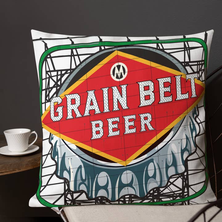 Grain Belt Sign Premium Throw Pillow for wholesale by Legendary Landmark Art Prints