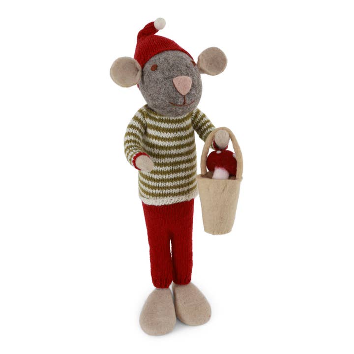 Gry and Sif - Wholesale Christmas Decoration - X-Large Grey Boy Mouse w/Mushroom in Bucket