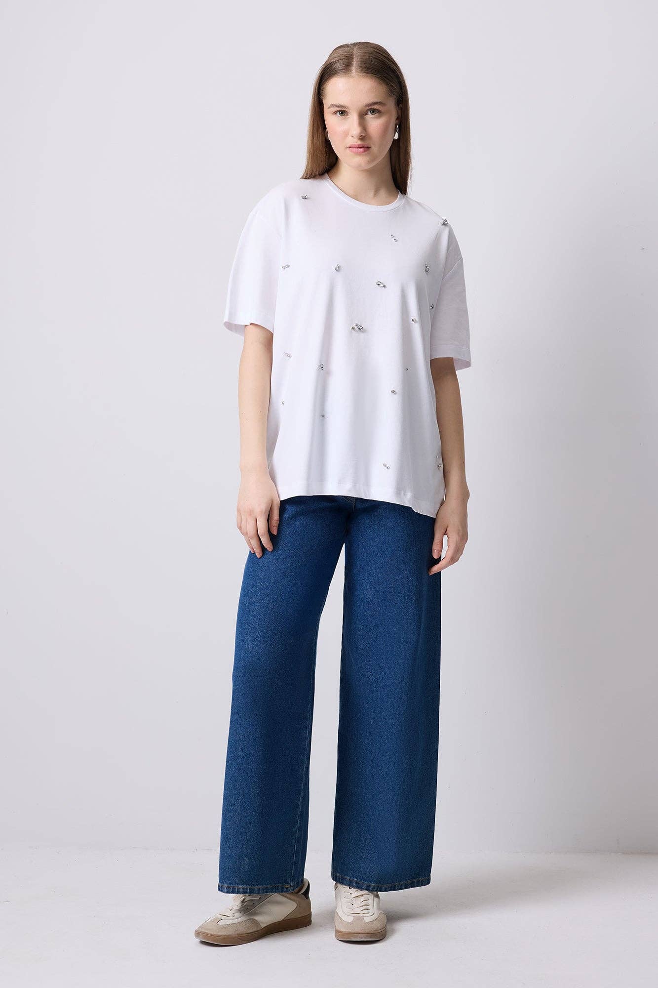 White JEWELED OVERSIZE T-SHIRT - COTTON BLEND for wholesale on Faire0