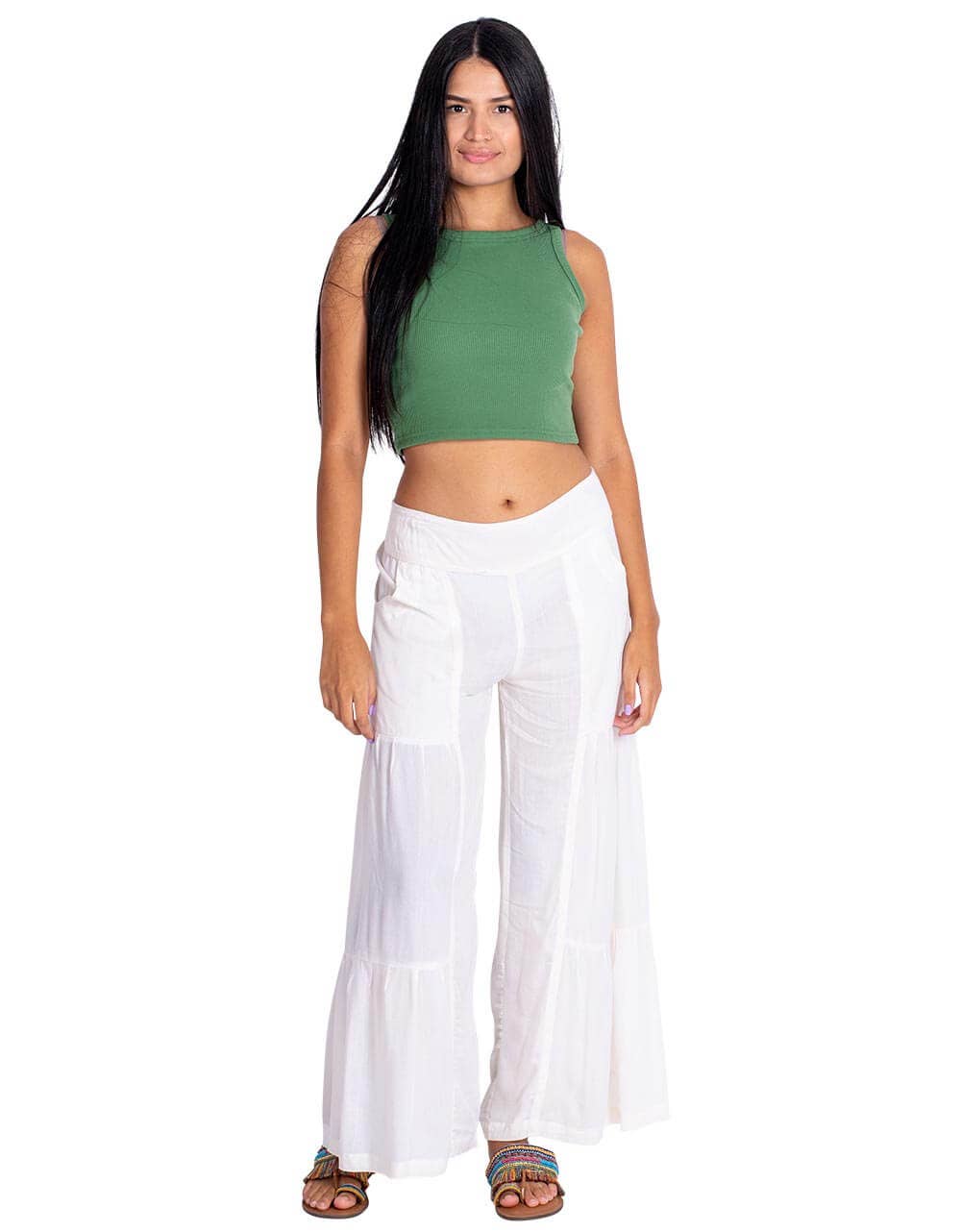 Kimago Look - Wholesale Pants - Women's - Ethnic White Broken Viscose Pants with Elastic Waistband1