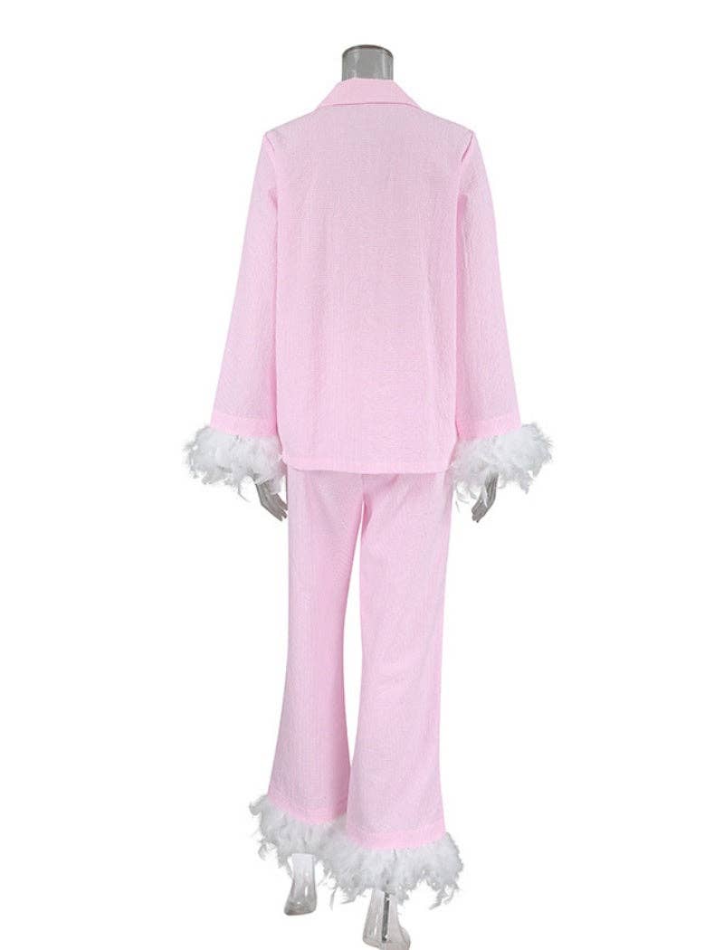 AZSHOP Trading LLC - Vente Haut et bas de pyjama – femme - Ensemble de pyjama long bordé de plumes1