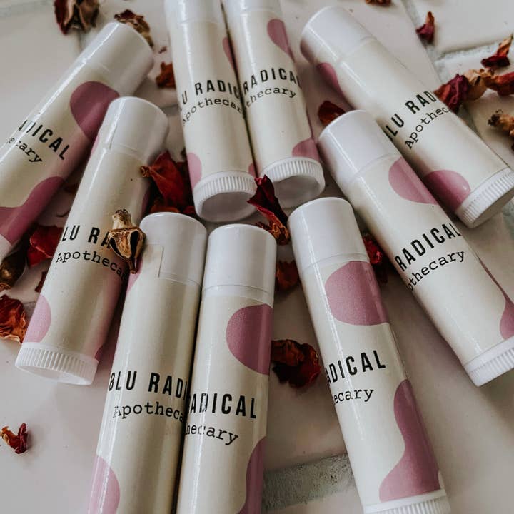 Organic Rose, Cacao, Cardamom, Calendula Lip Balm for wholesale by Blu Radical Apothecary