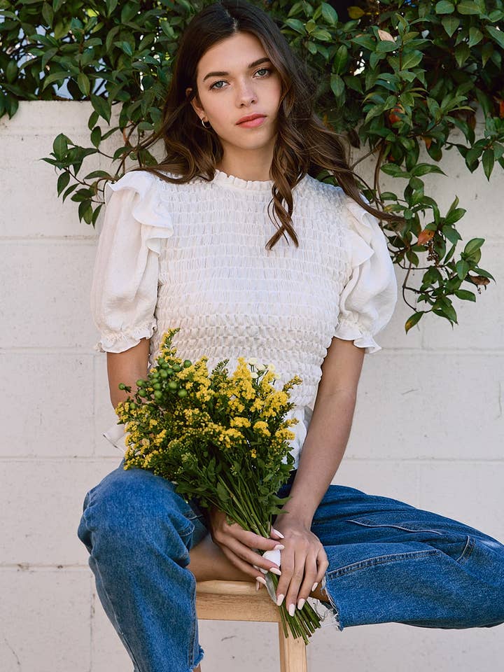 RAISONNEL - Wholesale Blouse - Women's - Linen Ruffle Smocking Blouse - RT10520